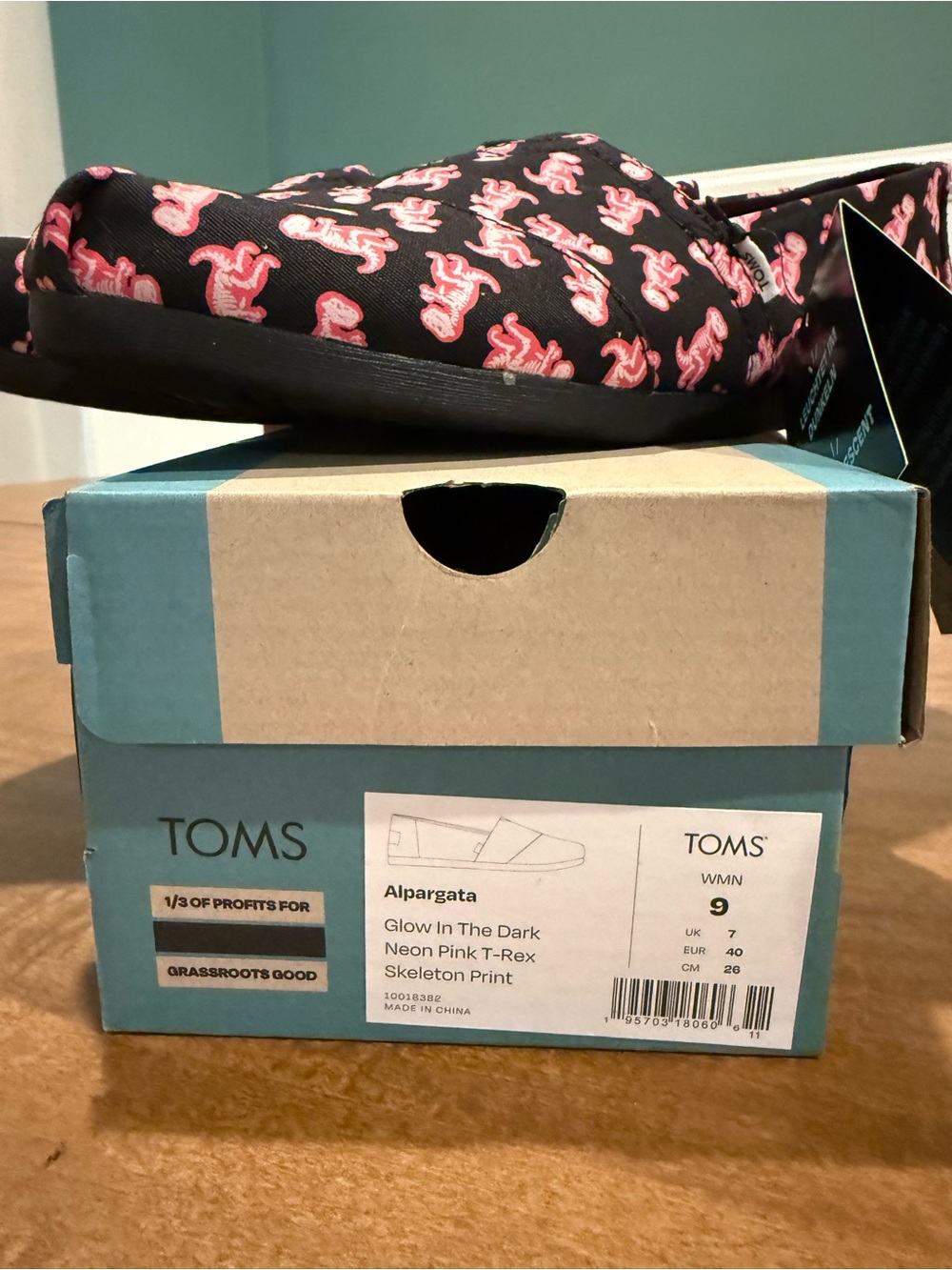 TOMS Alpargata Slip-Ons - Black with Neon Pink T-Rex Print